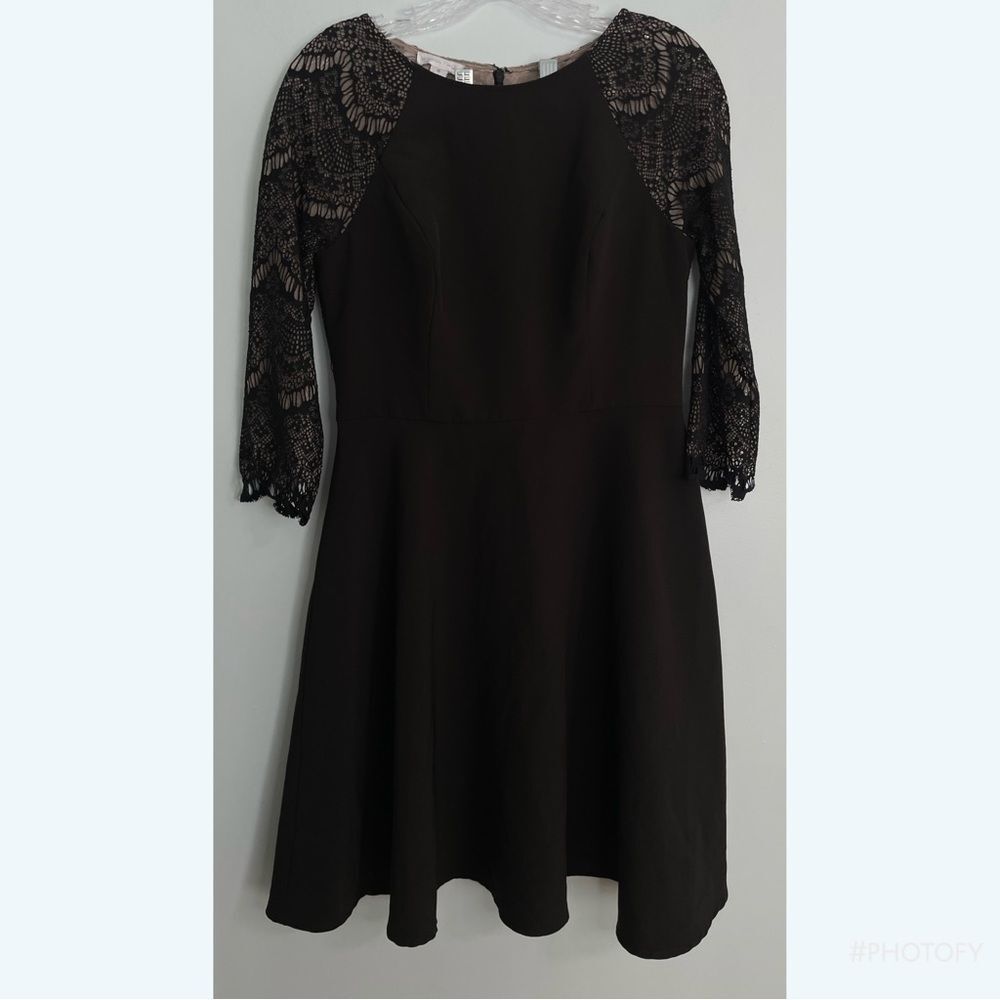 London Times Black Fit & Flare Lace Top Lined Dress 3/4 Sleeve Size 8